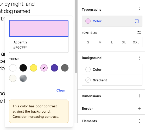 Warning in the WP Editor: This color has poor contrast against the background. Consider increasing contrast.