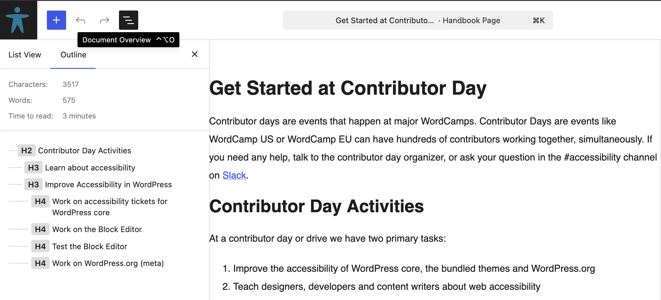 Screenshot of the document outline of the page get started at a contributor day