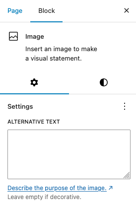 Screenshot of the Image block settings for alt text