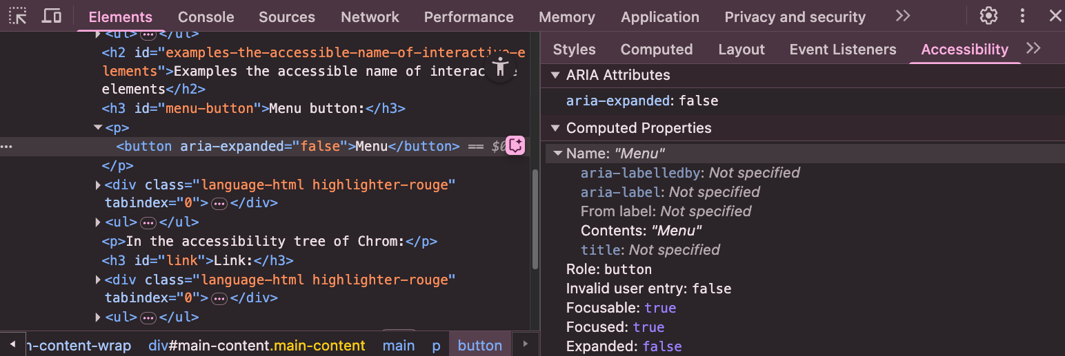 Screenshot accessible name menu in Chrome
