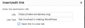 Screenshot of the WP Admin modal to insert or edit a link