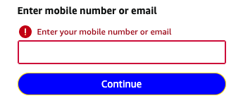 Example of using a red border, an error icon and text as indicators of a form field that is not filled out.”
