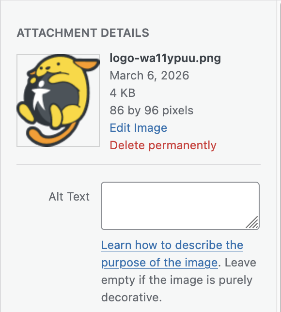 Screenshot of the attachment details of the WP A11y wapuu