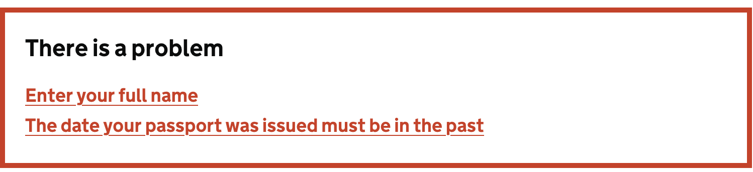 Screenshot of an error summary of the GOC.UK pattern library