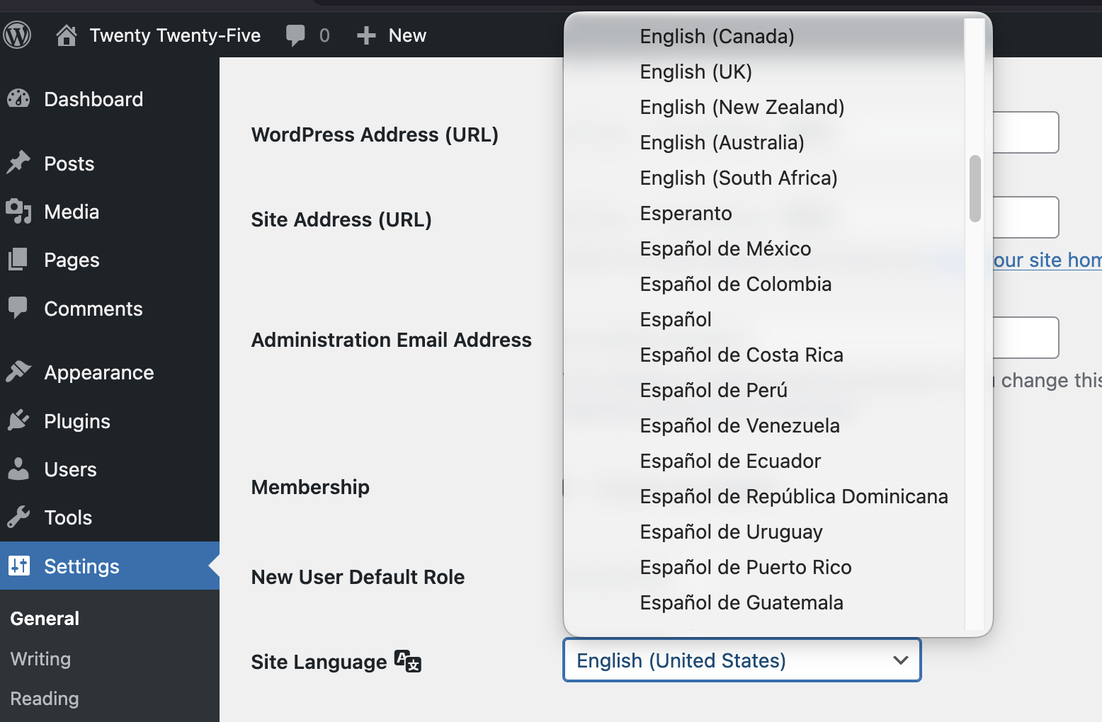 Screenshot of the language settings in the WordPress Admin