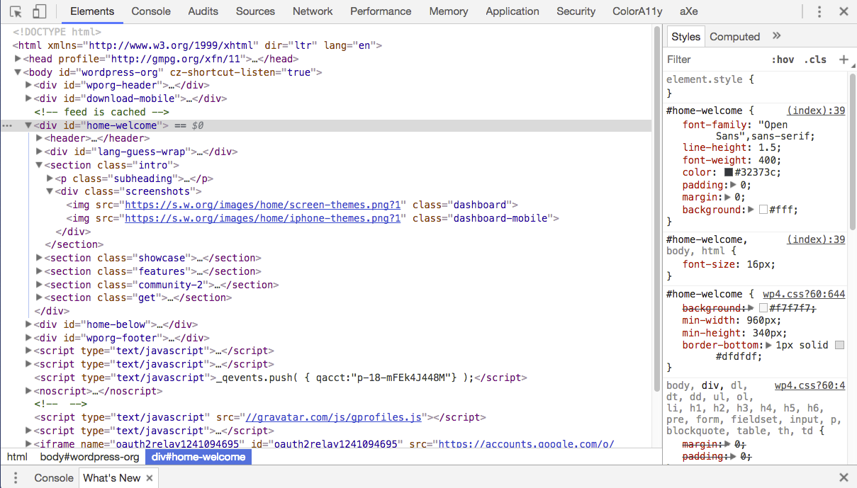 The DOM in the browser inspector