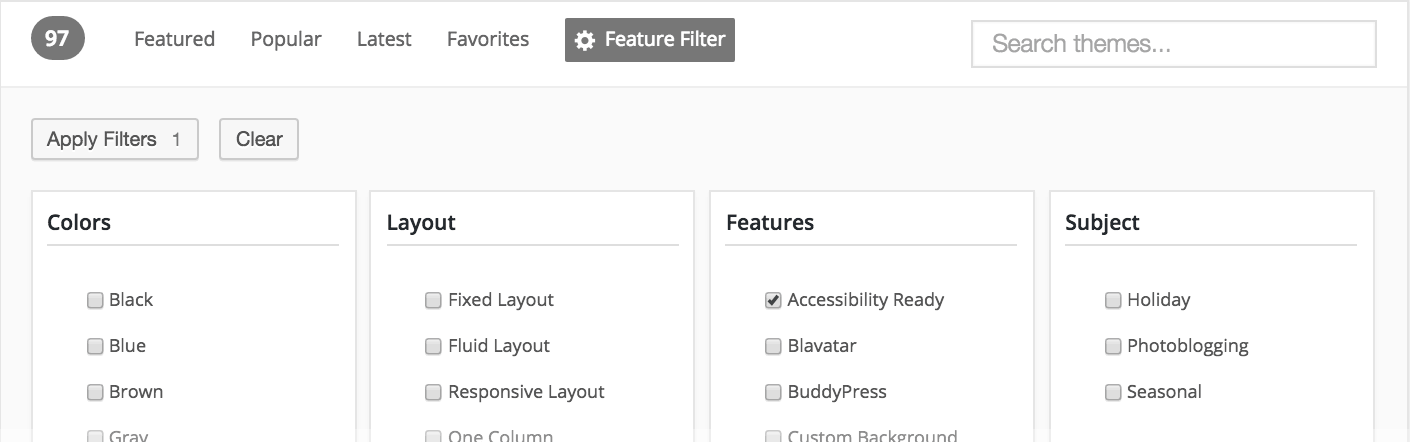 WordPress.org themes directory filter with Accessibility Ready tag checked