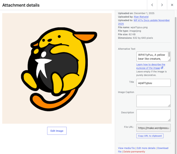 Screenshot of the attachment details of the WP A11y wapuu