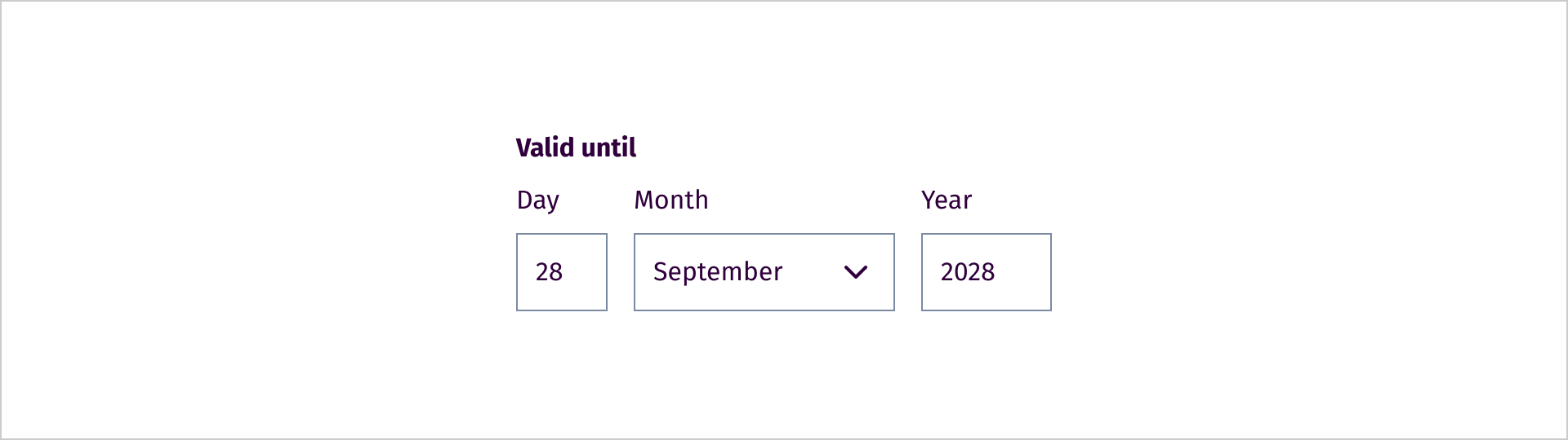Date selection with a text field for day, a select for month, and a text field for year