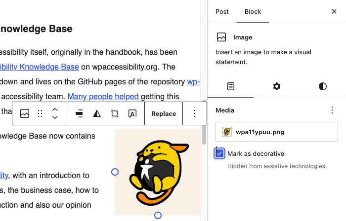 Screenshot of the Image block settings for alt text, with the setting checked