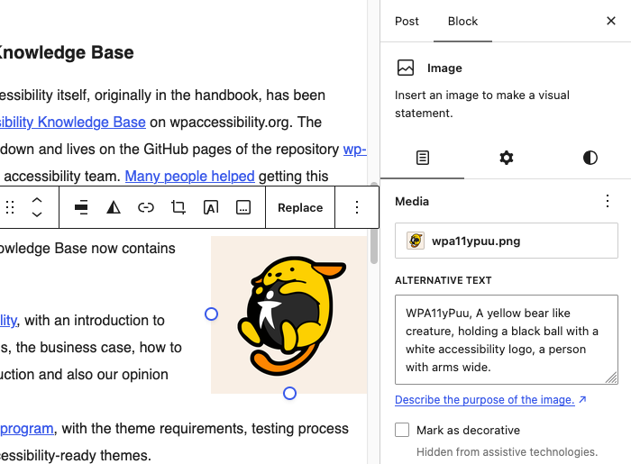 Screenshot of the Image block settings for alt text